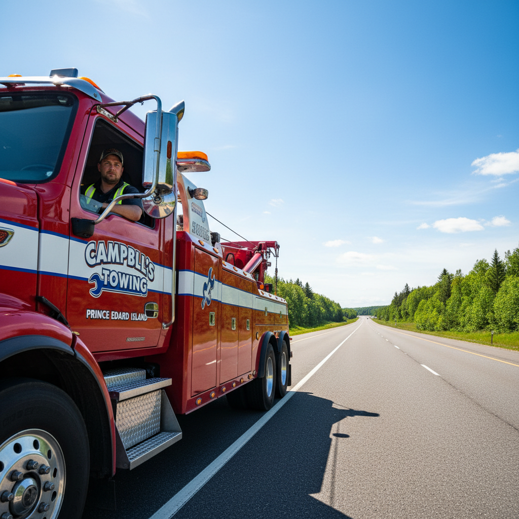 Campbell's Towing truck on the highway — serving all of Prince Edward Island