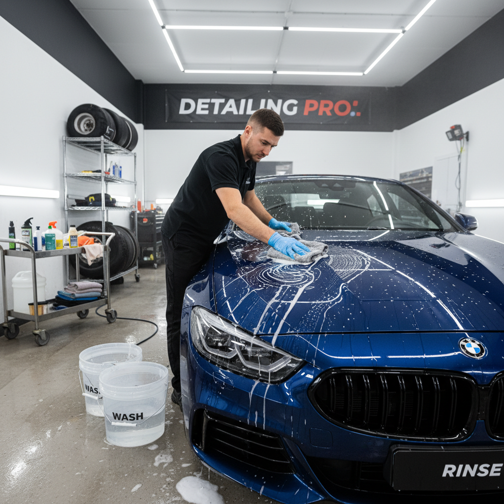 Professional detailer working on car exterior with professional equipment
