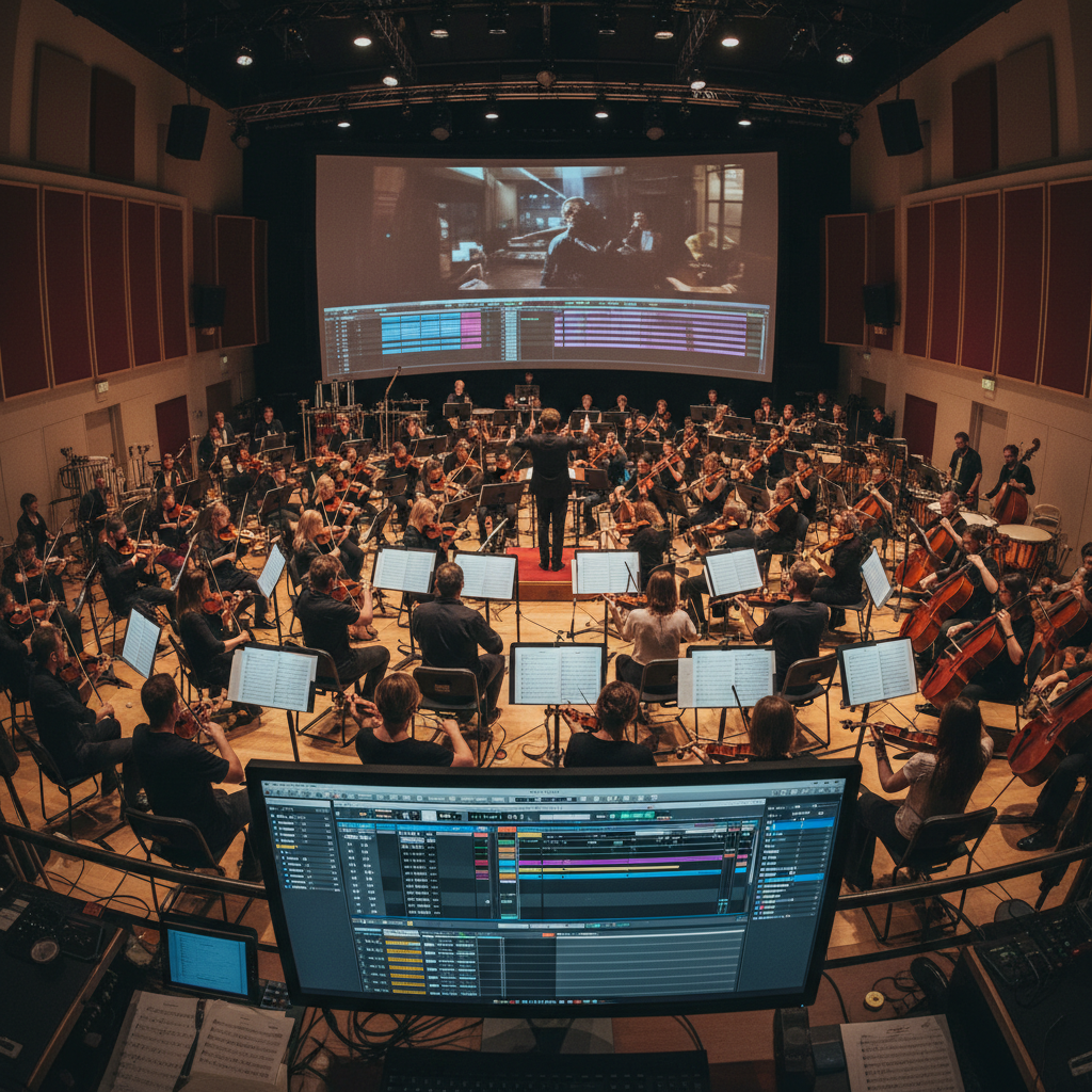 Cinematic film scoring session with orchestra sheet music and DAW timeline in professional studio