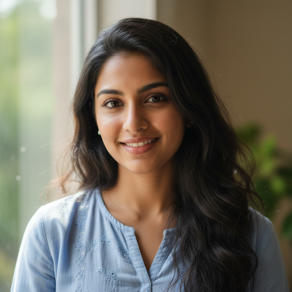 Young Indian girl smiling brightly, hopeful expression, warm natural light, cheerful background