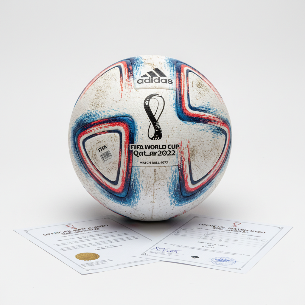 World Cup match-used football displayed with certification documents and historical photographs
