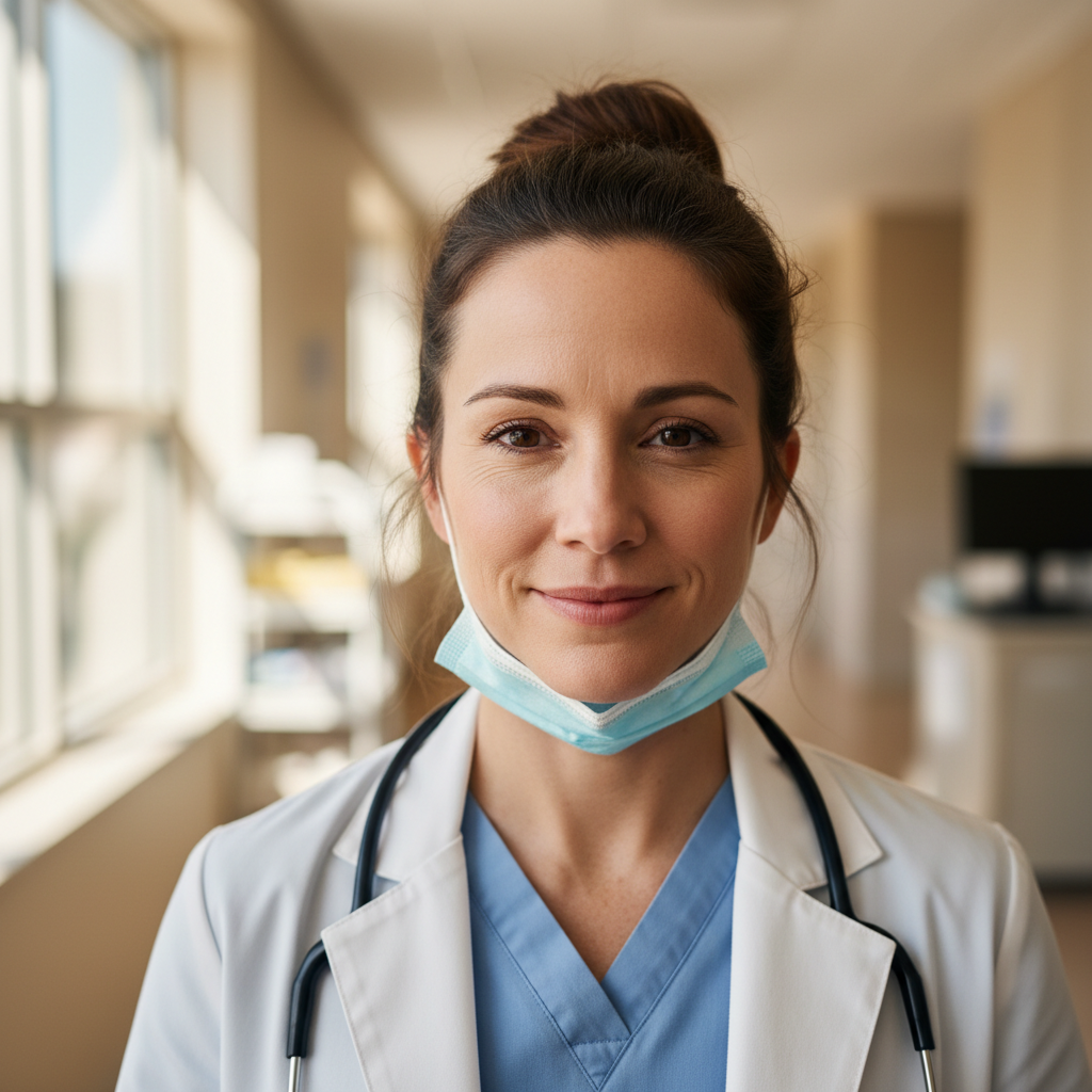 Hospitalist physician tired but smiling after long shift