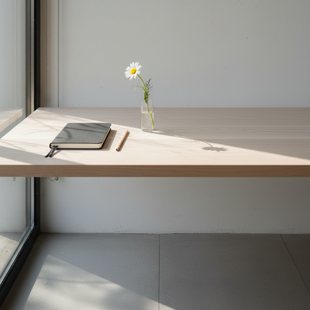Minimalist desk with notebook, pencil and single flower in vase beside morning light