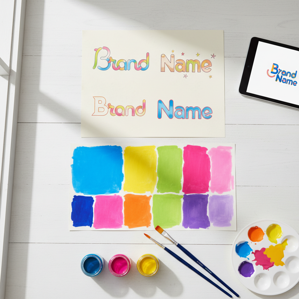 Colorful brand design materials including logos and color swatches on white background