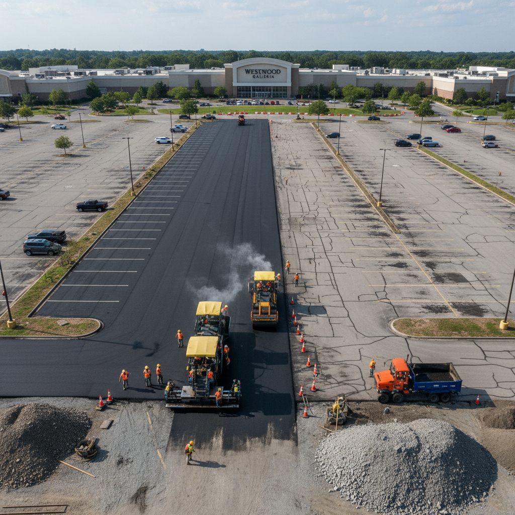 Aerial view of mall parking lot resurfacing project mid-completion
