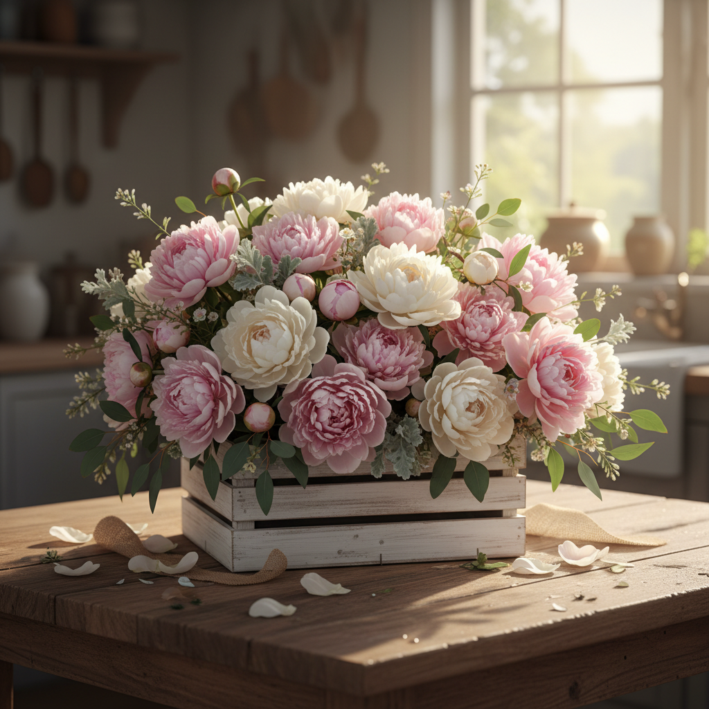 Blush and cream peonies arranged in a rustic wooden crate at dawn, soft morning light
