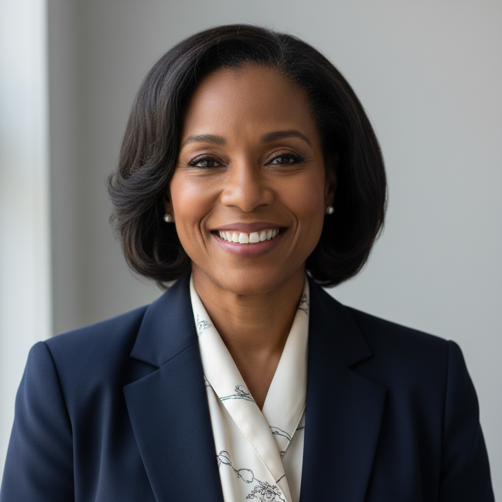 Professional Black woman smiling, warm neutral background