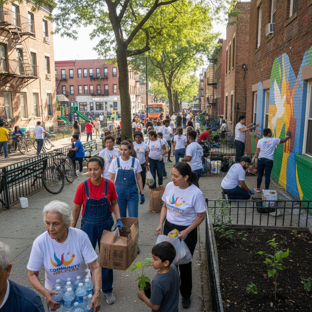 Volunteers doing community service and helping local residents