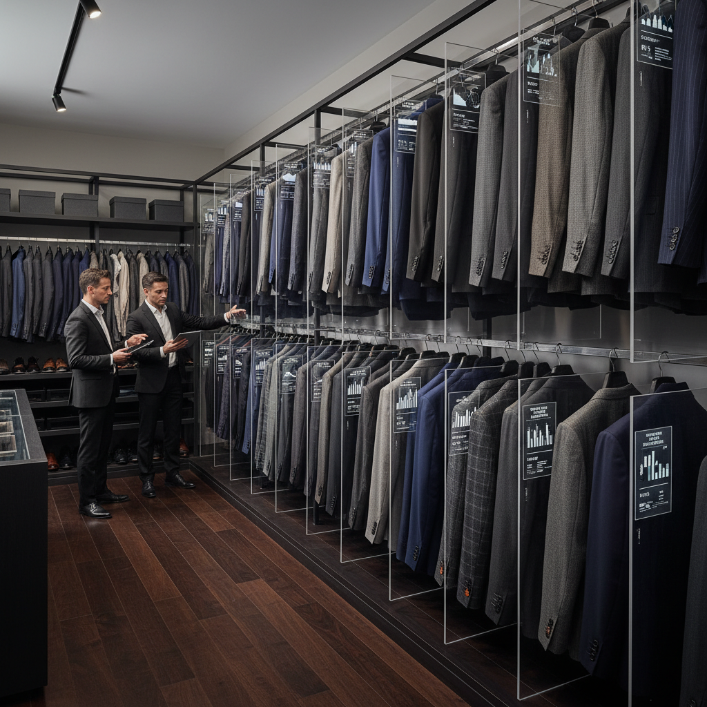 Executive wardrobe audit, suits arranged by precision analysis on dark rail