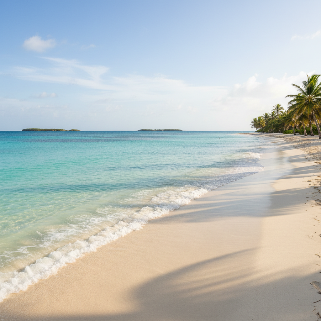 Turquoise Bahamian ocean waters with clear blue sky and tropical coastline
