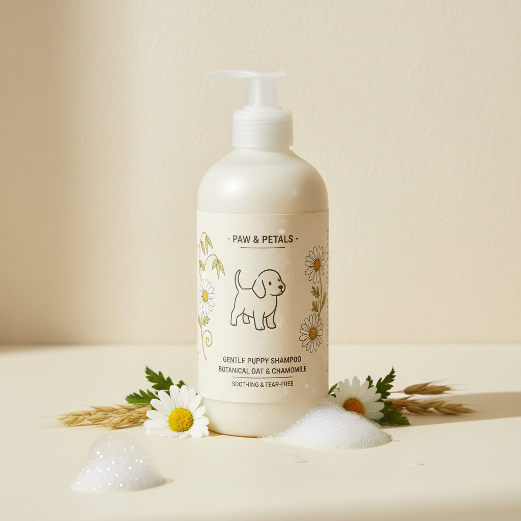 Botanical oat and chamomile puppy shampoo with foam bubbles and fresh flowers on cream background