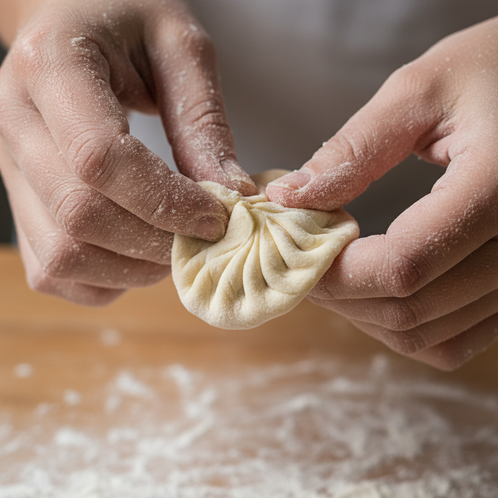 Flour-dusted hands mid-pleat folding a momo dumpling, close-up showing the precise pinching technique
