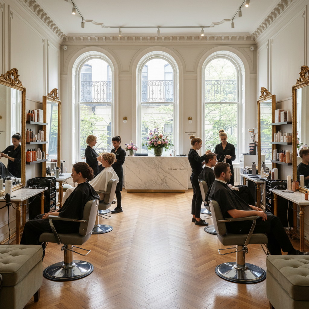 Professional hair salon with stylist creating elegant highlights