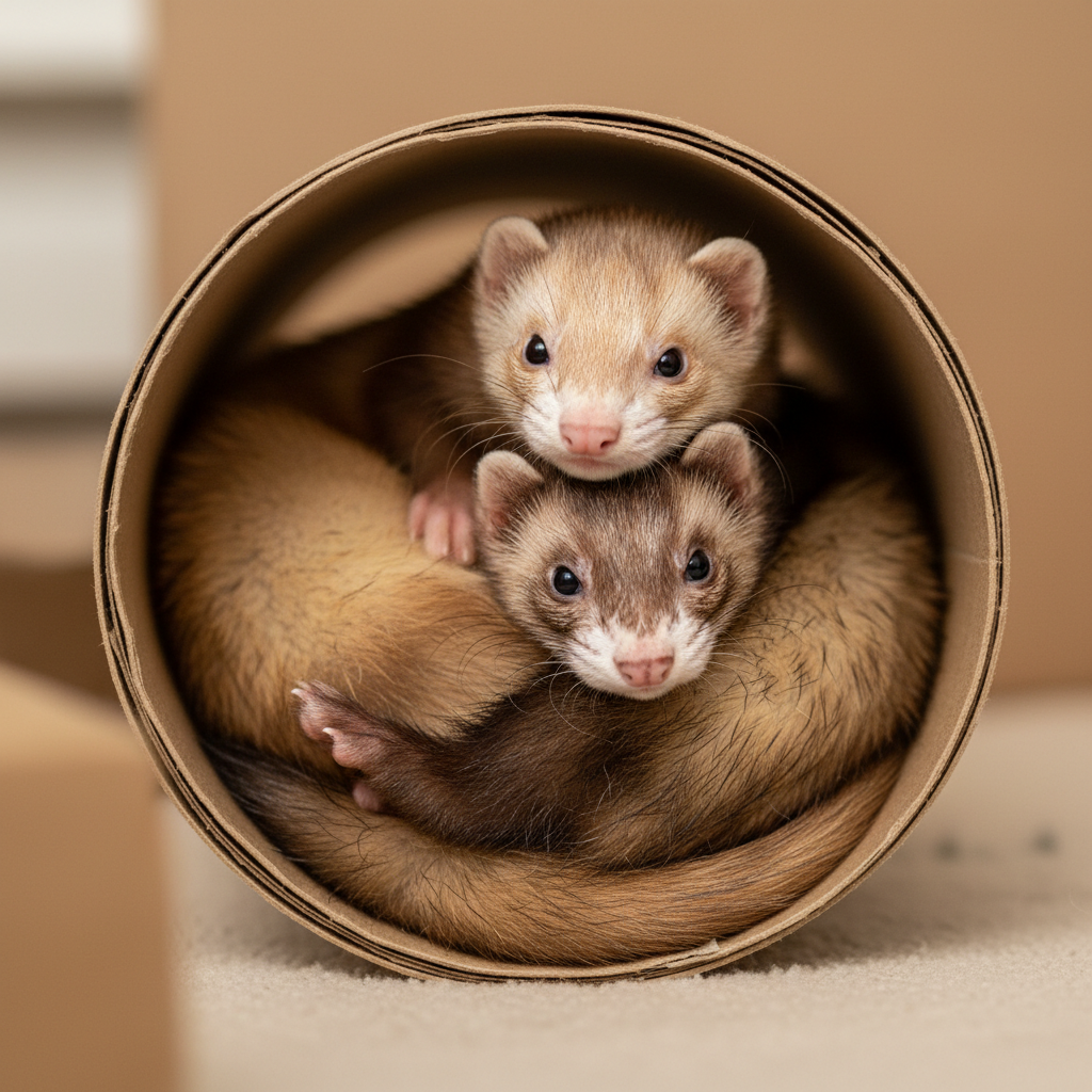 Two ferret siblings tangled together in a cardboard tube, champagne and sable coats intertwined