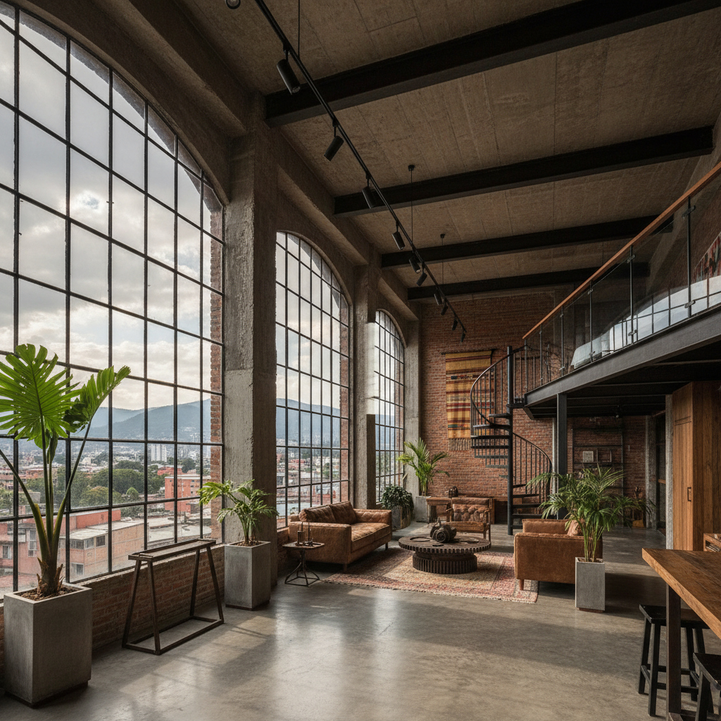 Loft estilo industrial con techos altos, vigas de metal vistas, sala diáfana con luz cenital en Guayaquil