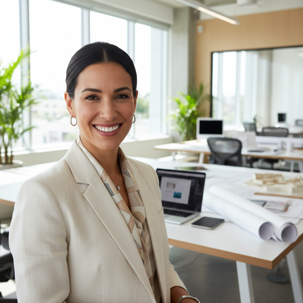 Professional headshot of a woman architect in a bright studio, confident pose, natural light, architectural drawings visible in background