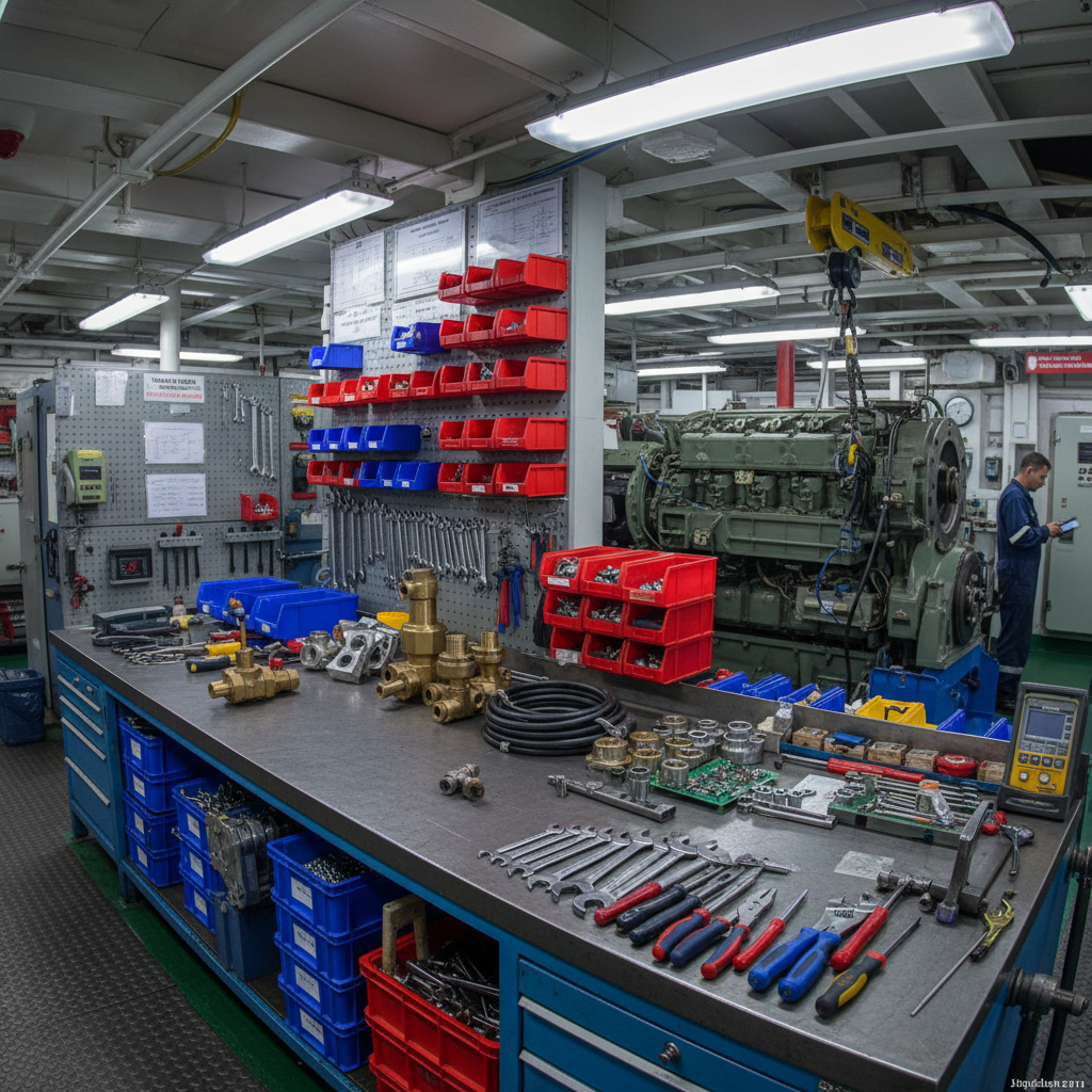Marine technical equipment, spare parts, wrenches, and maintenance tools organized in ship engine room workshop
