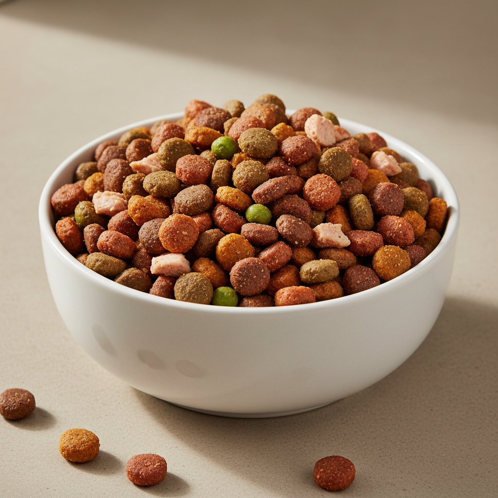 Premium dry dog food kibble in a bowl for senior dogs