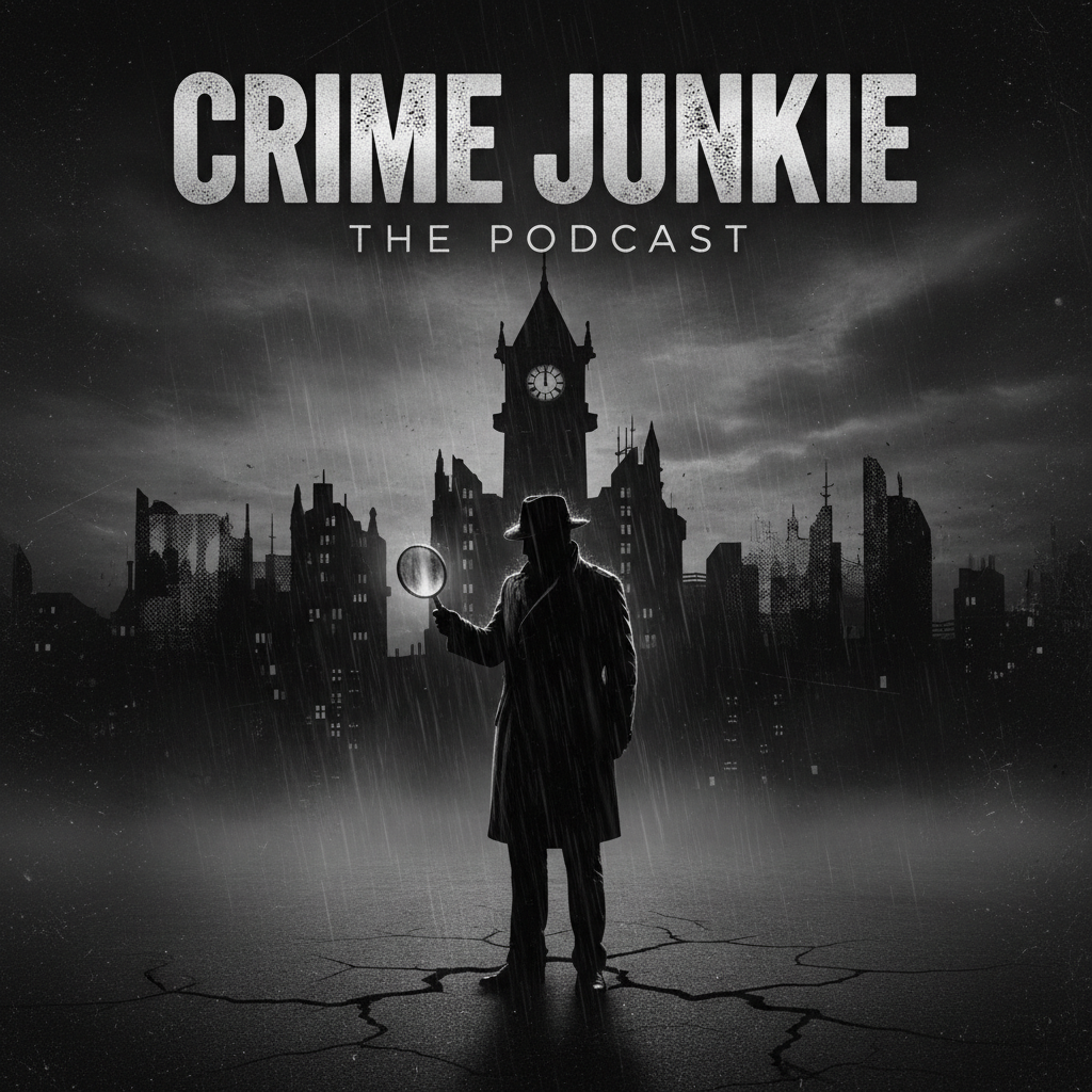Dark moody image with shadows representing Crime Junkie true crime podcast
