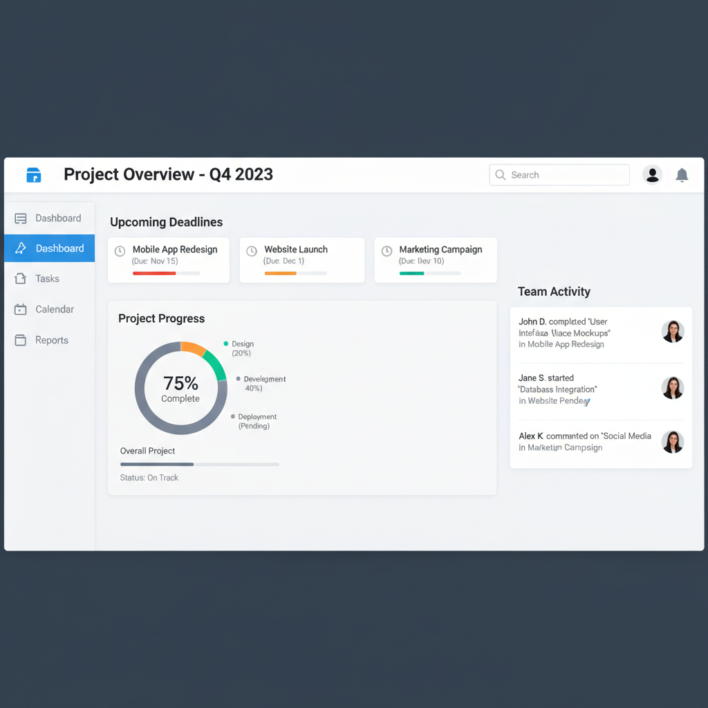 Dark project management dashboard interface with task tracking on dark background