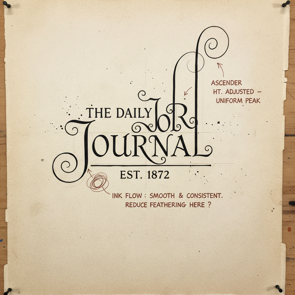 Second iteration masthead sketch showing adjusted ascender height with calligrapher annotation about ink flow
