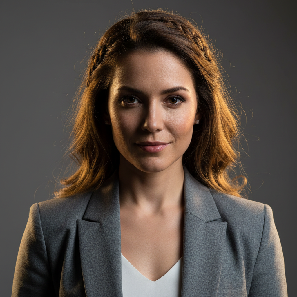 Professional headshot of art director woman, bright creative portrait, airy well-lit background