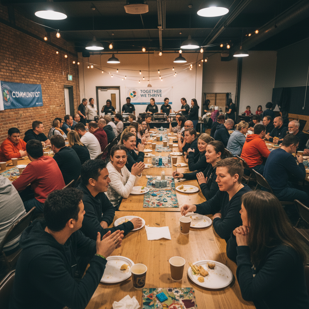 African community members gathered at a justice forum, warm lighting, engaged discussion