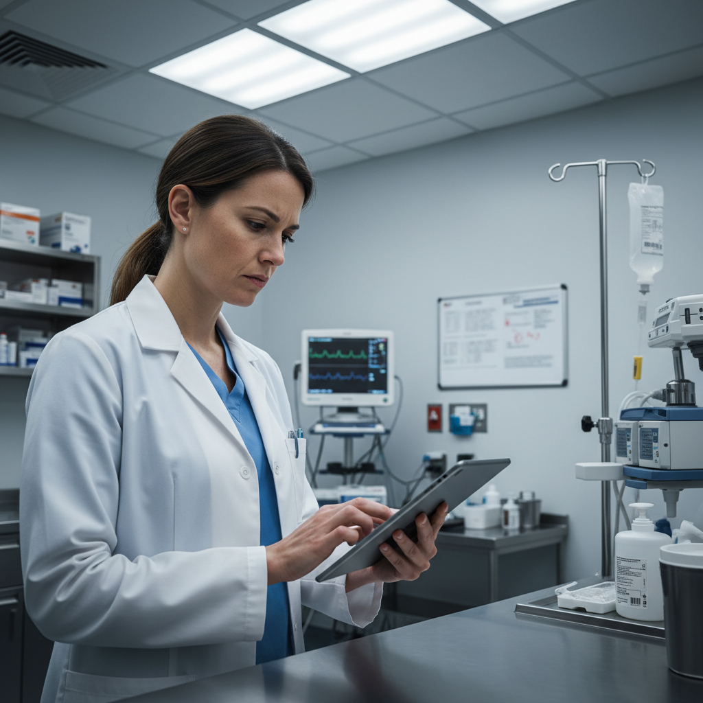 Medical professional assisting patient in clinical setting, bright clean environment, professional attire, calm and reassuring atmosphere