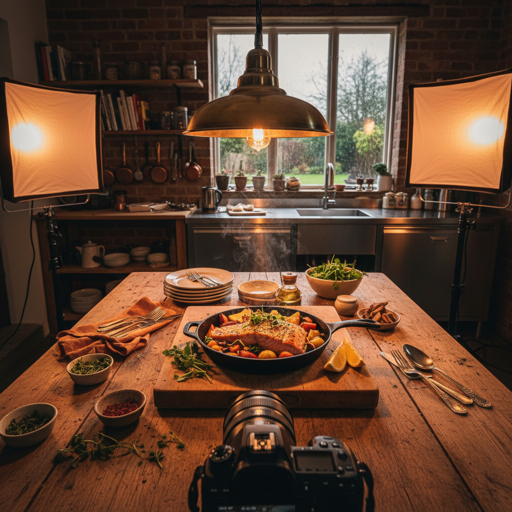 Food photography setup with warm tungsten lighting in kitchen environment