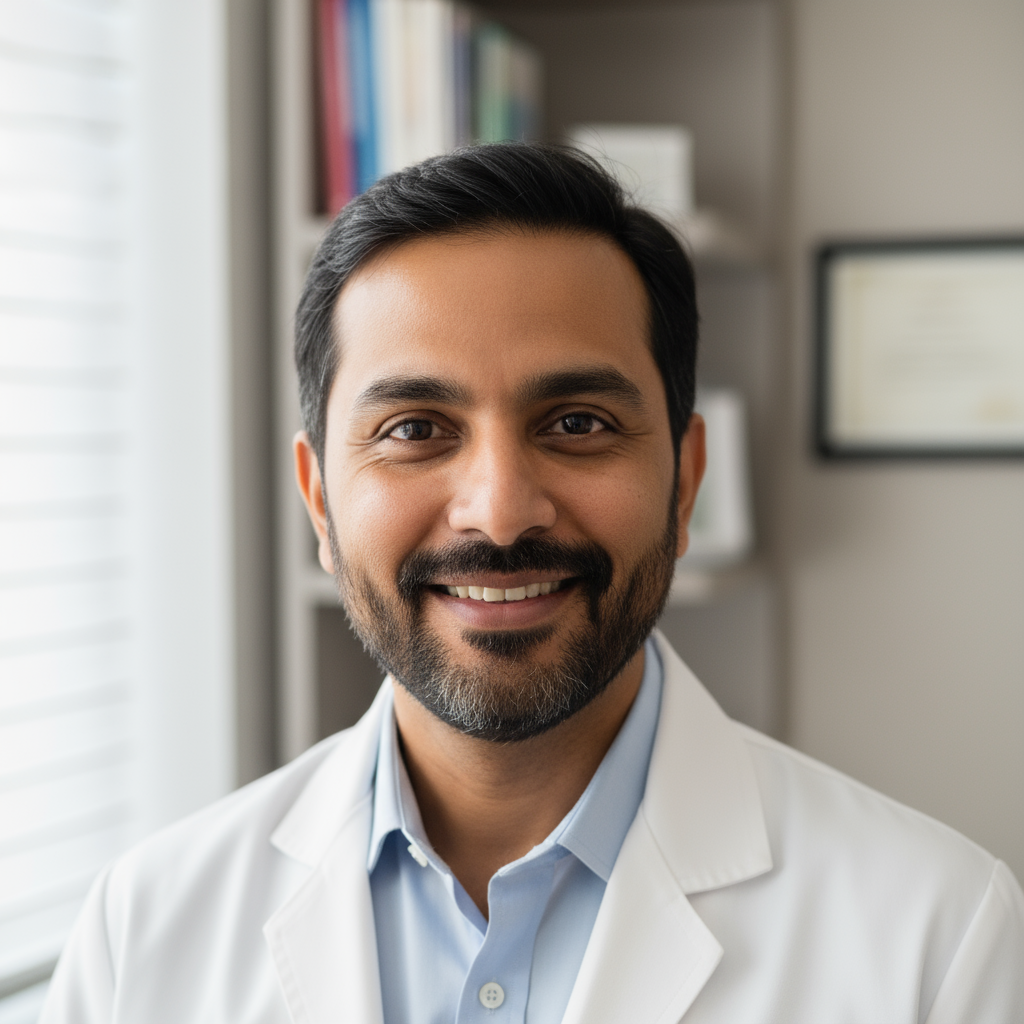 Female Indian dermatologist in white coat, warm smile, modern clinic, professional portrait