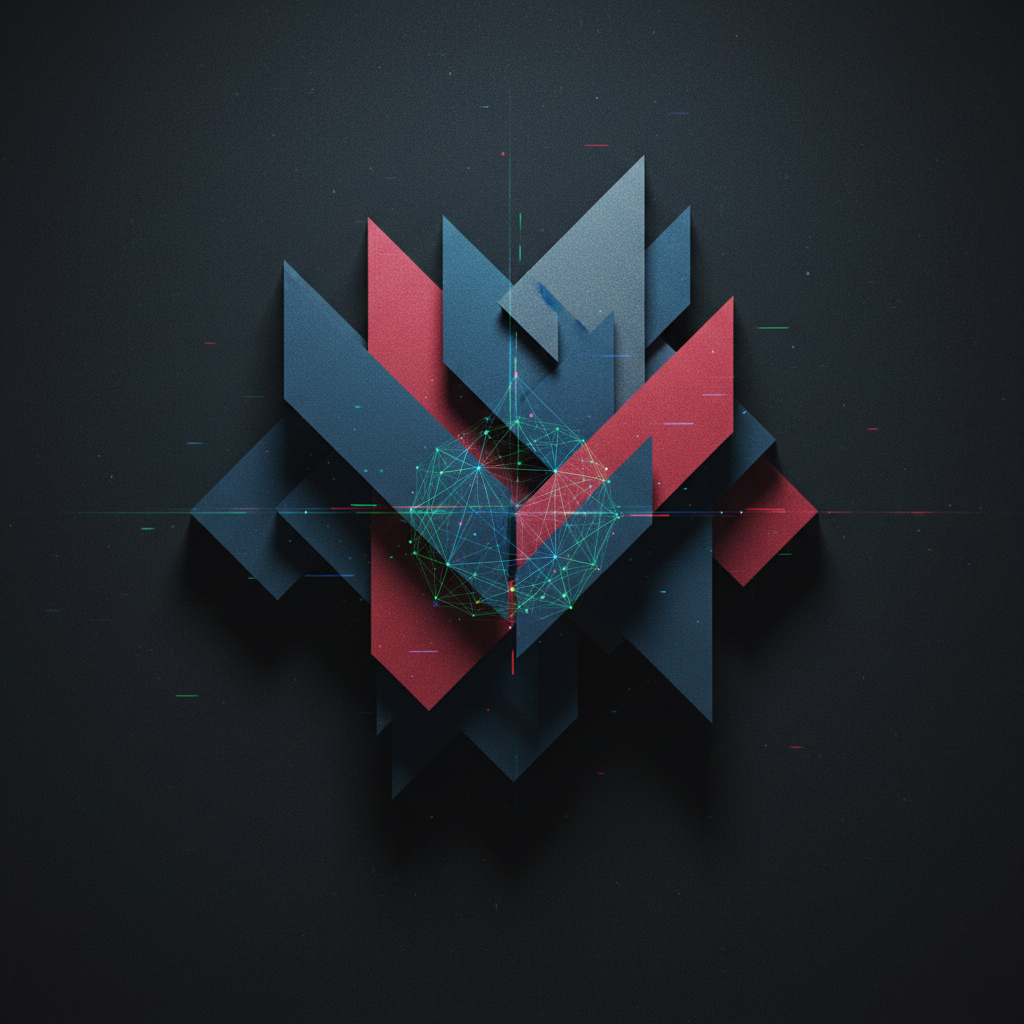 Geometric abstract pattern of interconnected dark shapes on near-black background with subtle glow