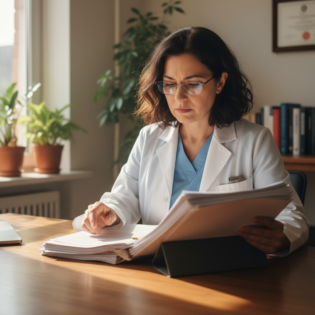 Dr. Priya Patel, a female geriatrician with dark hair, reviewing patient notes at a desk by a window