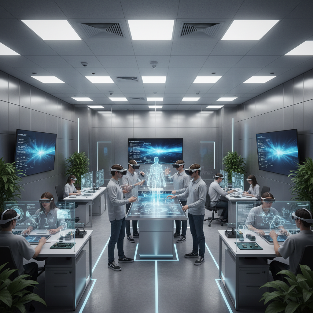 Person wearing VR headset in bright modern tech lab with AR development on screen