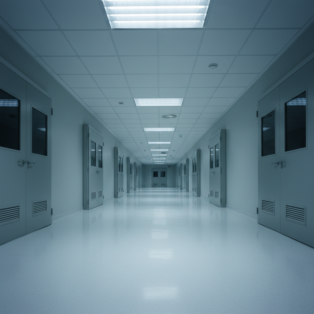 Empty fluorescent-lit office corridor with yellow walls, dim flickering lights, deep shadows, eerie liminal space