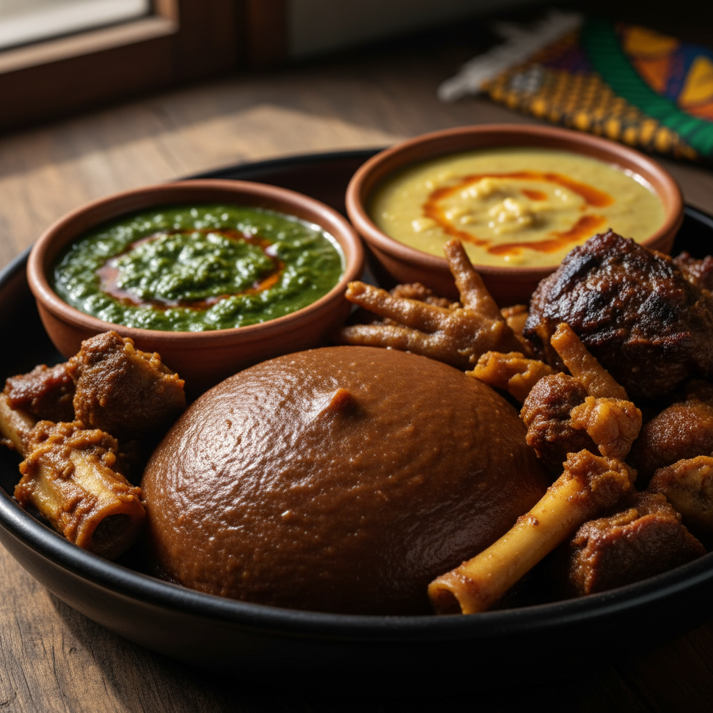 Amala and ewedu with gbegiri soup, traditional Yoruba Nigerian food presentation