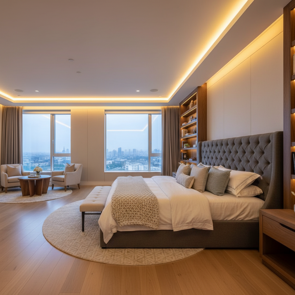 Elegant master bedroom with upholstered headboard, neutral tones, soft lighting, and luxurious bedding in a contemporary setting