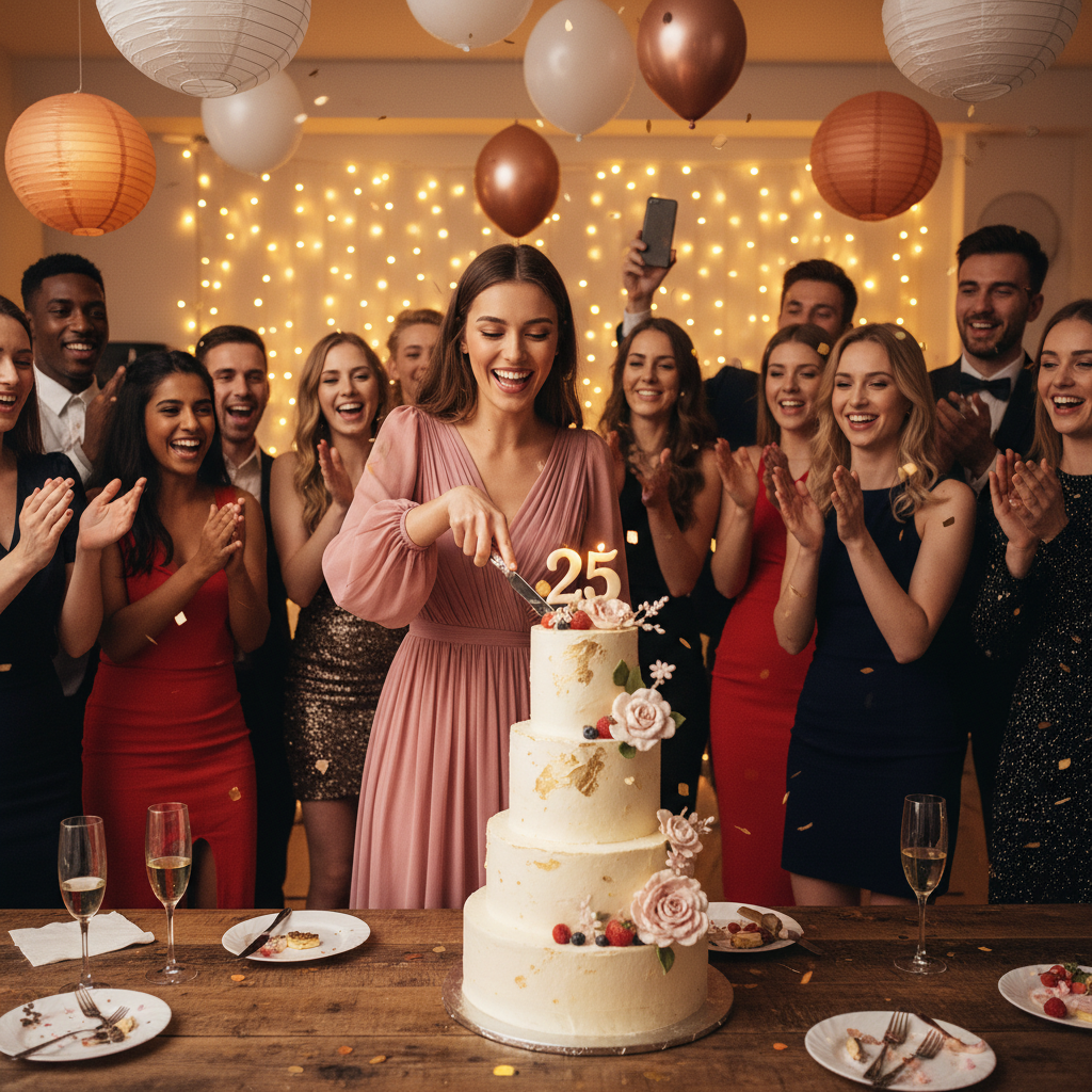 Happy family cutting a beautiful three-tier celebration cake at a birthday party