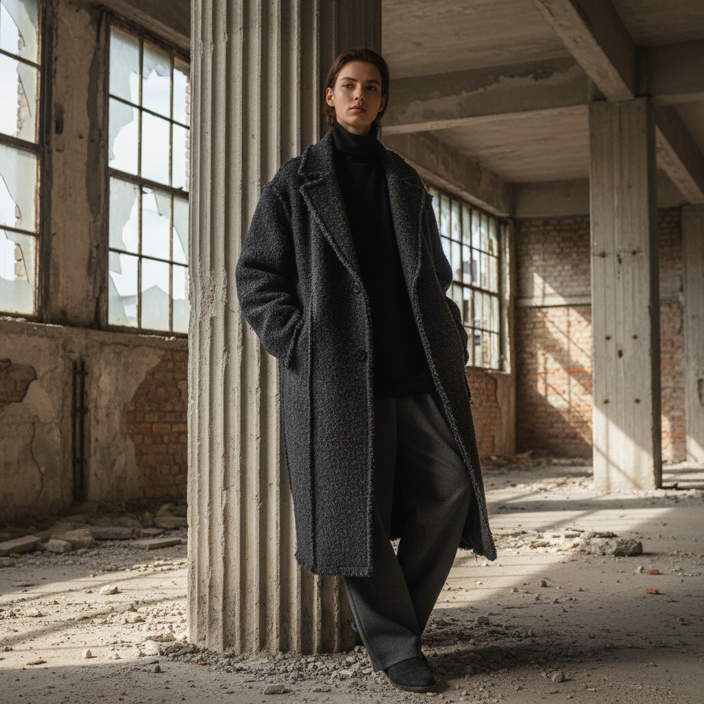 Oversized coat on model walking outdoors, overcast soft sky background, neutral tones