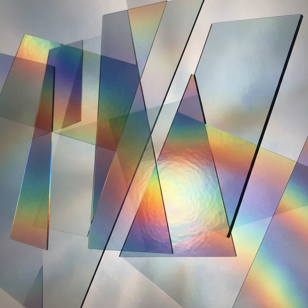 Abstract light refracting through layered glass panels in iridescent hues
