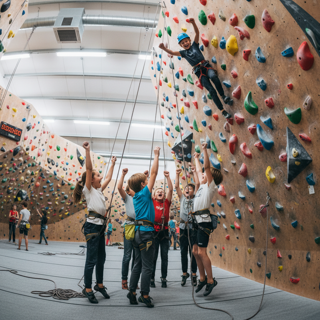 Group of kids in a climbing gym cheering together after completing a route