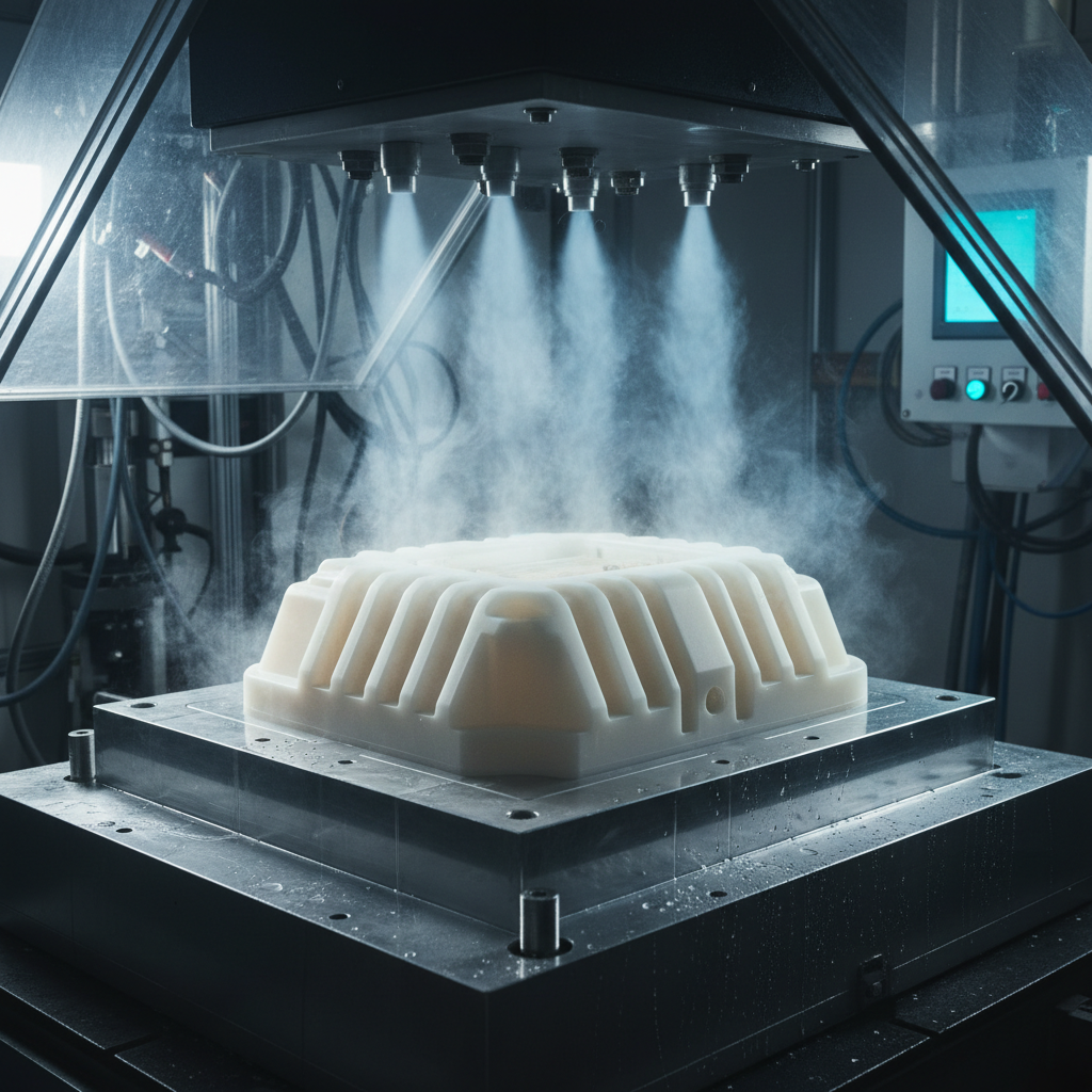 Formed thermoplastic part cooling on aluminum mold in industrial vacuum forming machine, cooling air blast visible