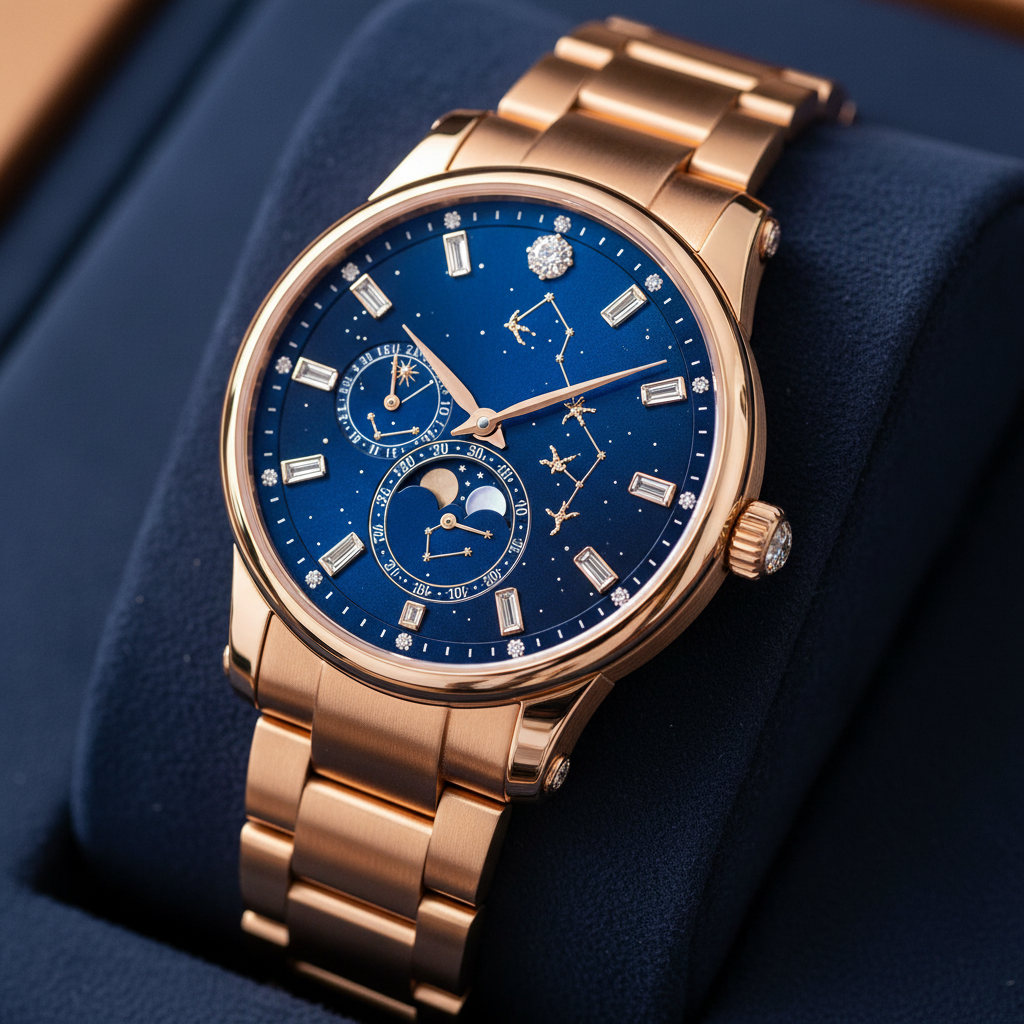 Rose gold watch with celestial blue dial, starfield-like guilloché, dark background