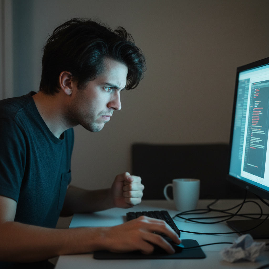 Man staring at laptop screen in dark room, frustrated expression, dim isolated lighting