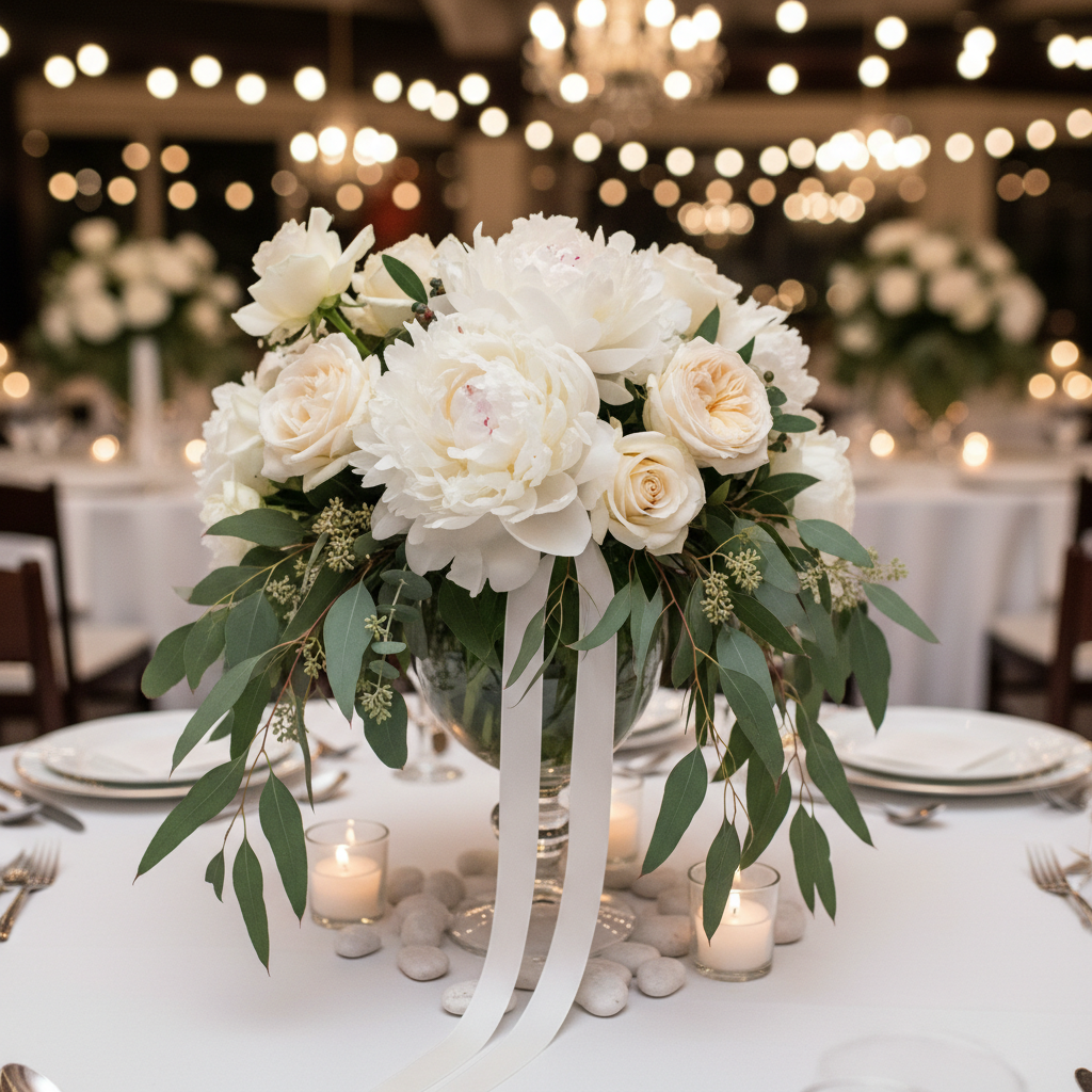 Beyaz güller ve yeşilliklerle süslenmiş düğün masası merkez aranjmanı, kristal vazo, krem masa örtüsü, yumuşak gün ışığı