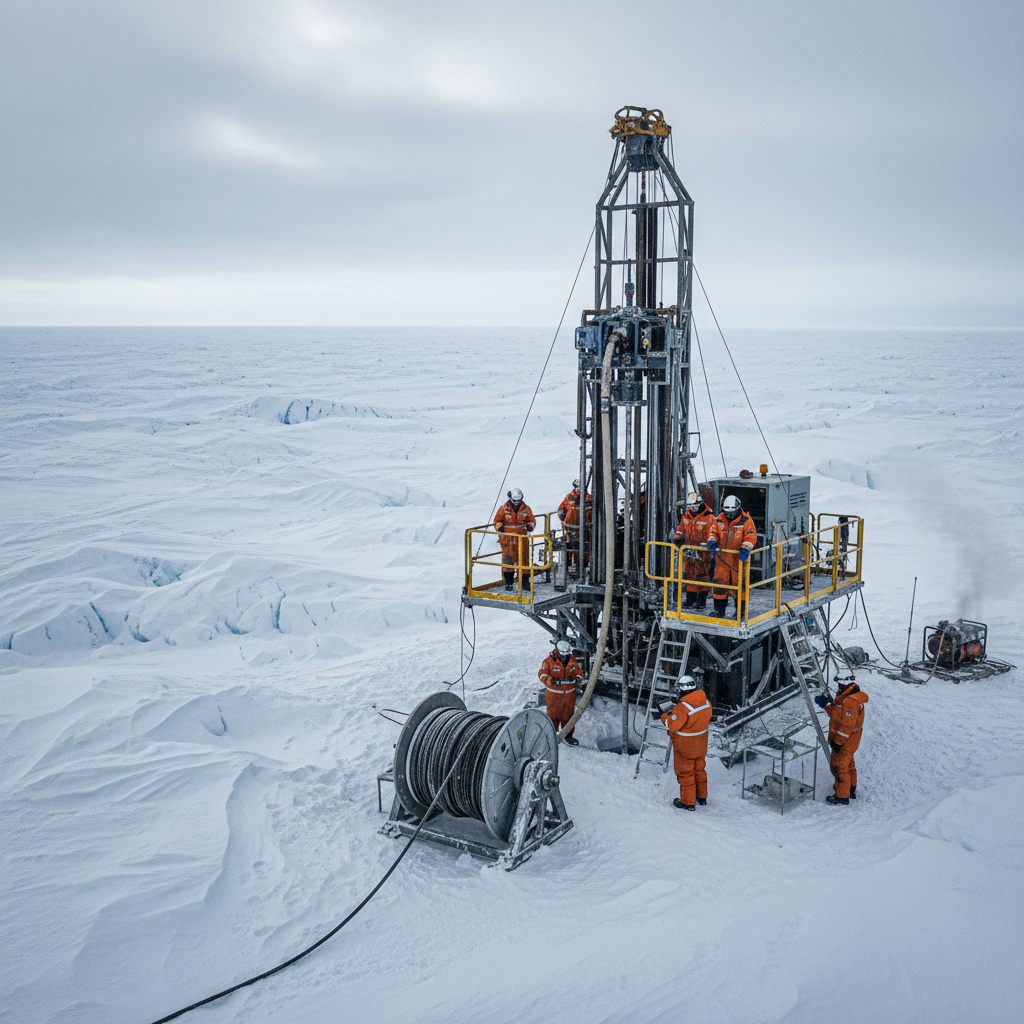 Expedition naturalist in orange gear on ice, dark Antarctic landscape, moody overcast light