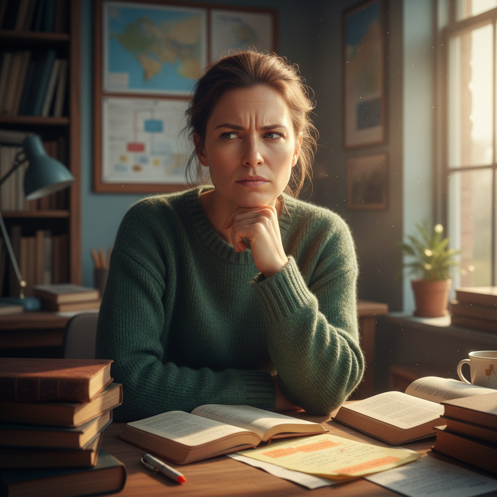 Portrait of a woman researcher in professional dress, soft natural light, academic office setting