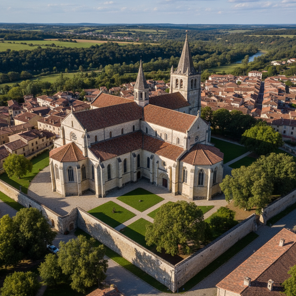Aerial view of a traditional Latin cross church plan with nave and transept