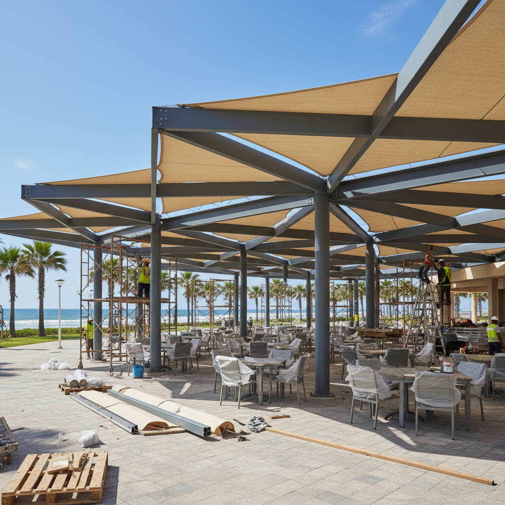 Commercial outdoor structure installation at restaurant or hotel