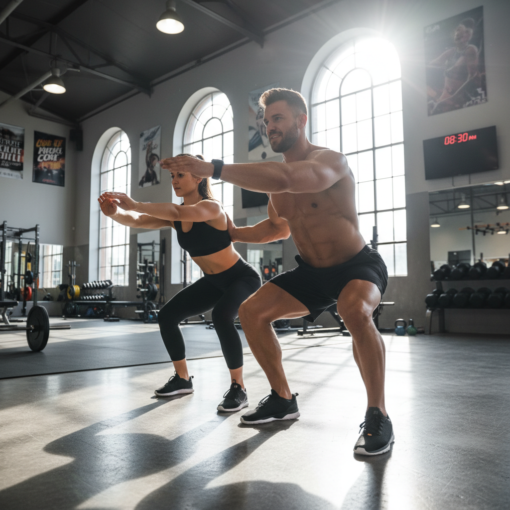 Athletic male strength coach demonstrating exercise in modern gym