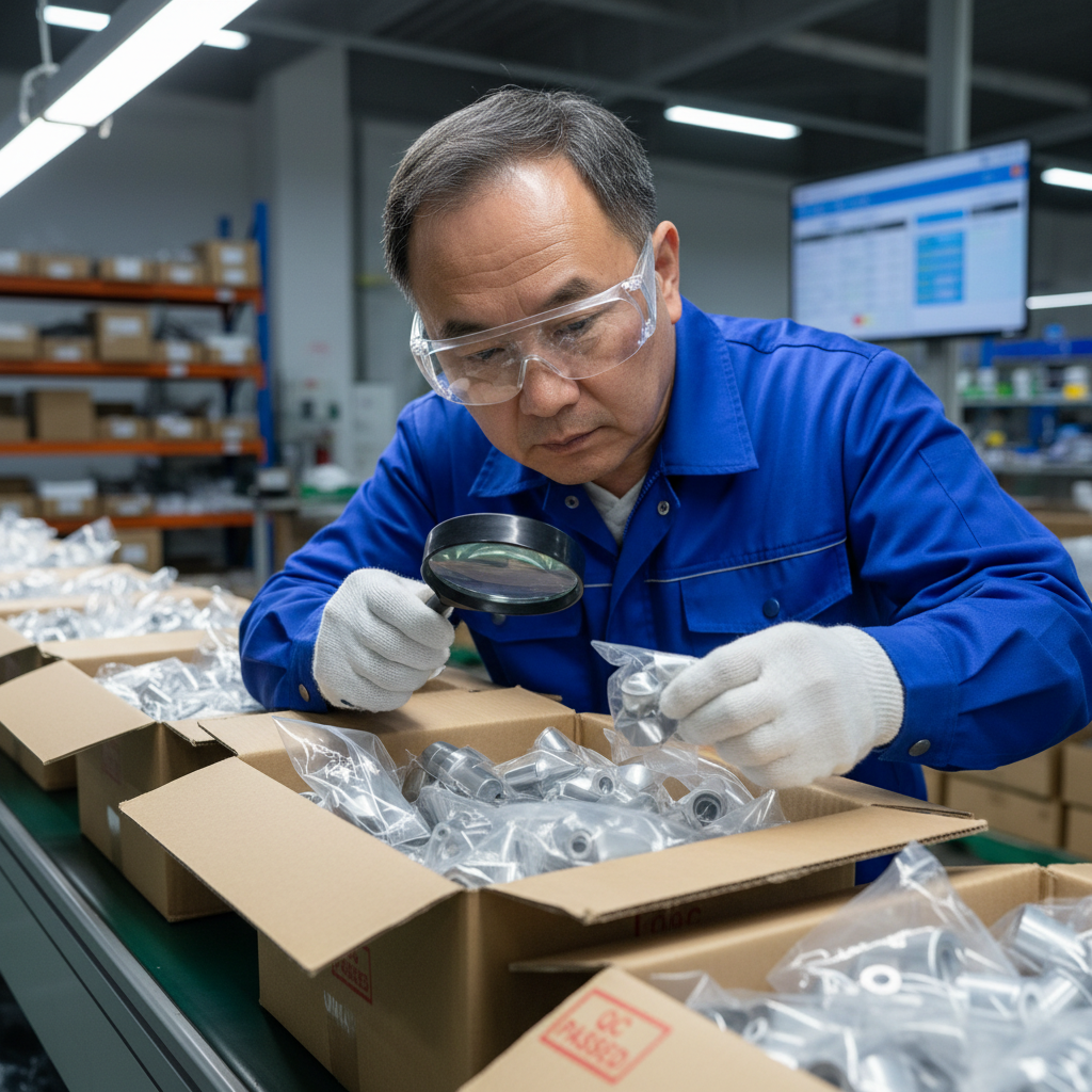 Quality inspector reviewing packaged die cast parts before shipment